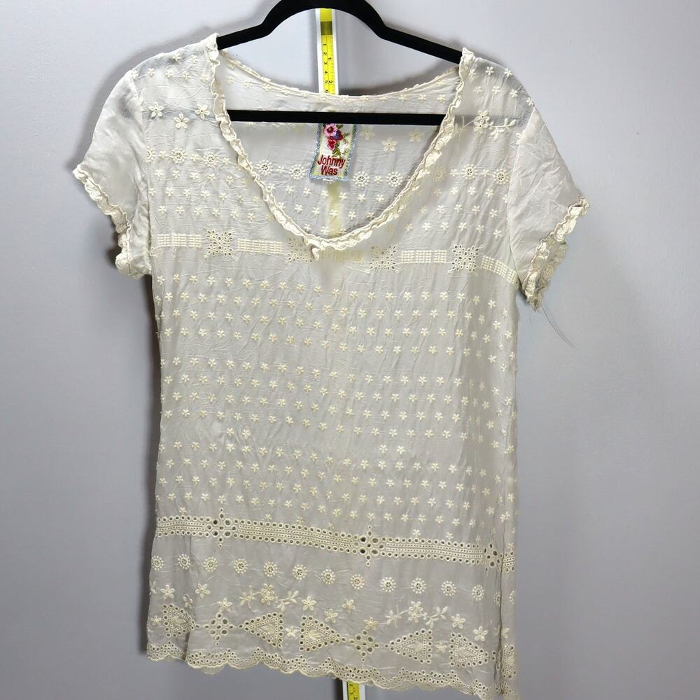 Johnny Was White Eyelet‎ Lace Embroidered Short Sleeve Blouse Size S
